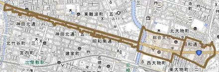 昭和通とその周辺の地図。町の範囲を重ねている