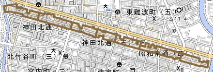 昭和南通とその周辺の地図。町の範囲を重ねている