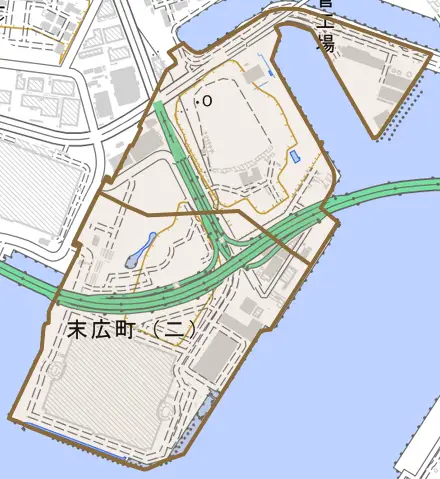 末広町とその周辺の地図。町の範囲を重ねている