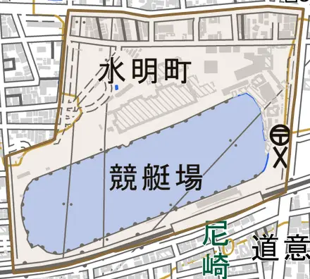 水明町とその周辺の地図。町の範囲を重ねている