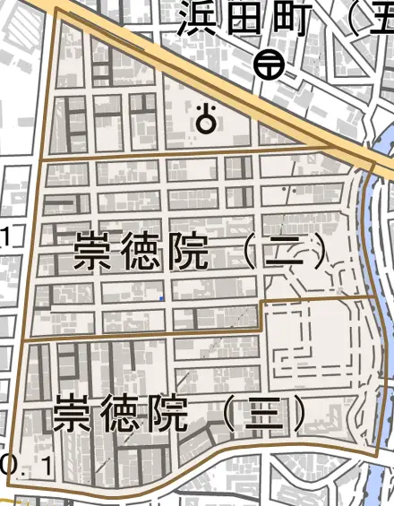 崇徳院とその周辺の地図。町の範囲を重ねている