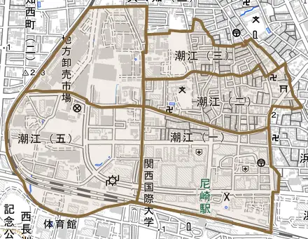 潮江とその周辺の地図。町の範囲を重ねている