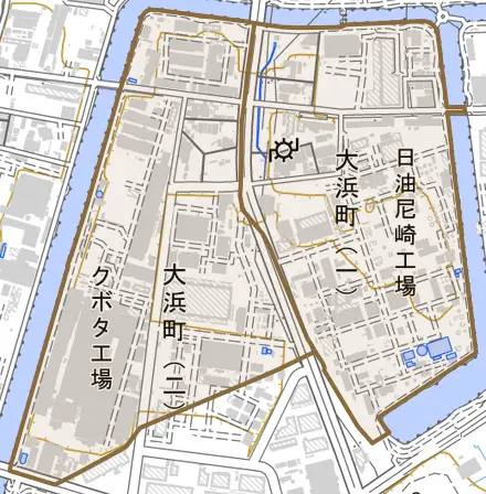 大浜町とその周辺の地図。町の範囲を重ねている
