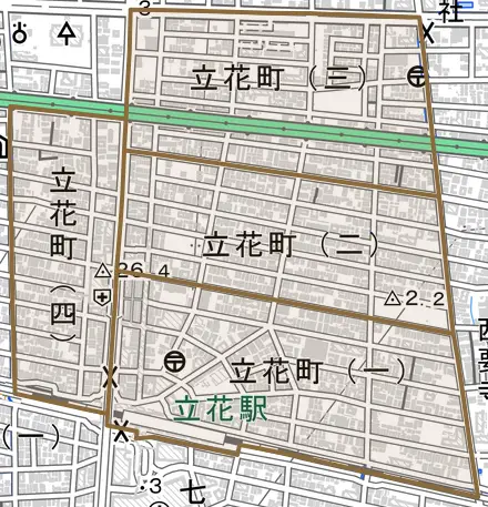立花町とその周辺の地図。町の範囲を重ねている