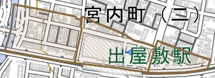 竹谷町とその周辺の地図。町の範囲を重ねている