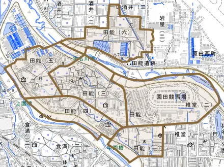 田能とその周辺の地図。町の範囲を重ねている