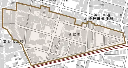建家町とその周辺の地図。町の範囲を重ねている