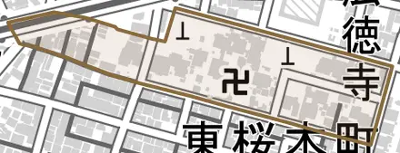 寺町とその周辺の地図。町の範囲を重ねている