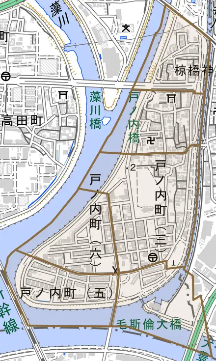 戸ノ内町とその周辺の地図。町の範囲を重ねている