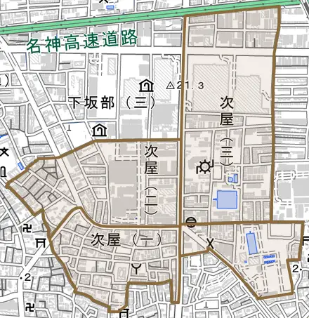 次屋とその周辺の地図。町の範囲を重ねている