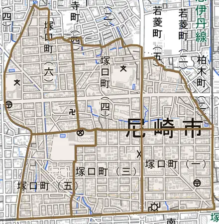塚口町とその周辺の地図。町の範囲を重ねている