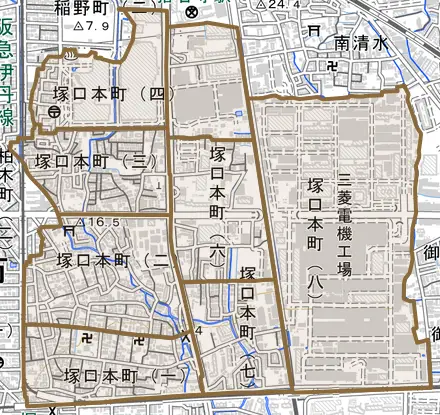 塚口本町とその周辺の地図。町の範囲を重ねている