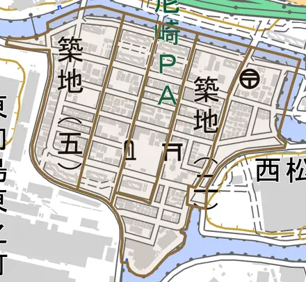 築地とその周辺の地図。町の範囲を重ねている