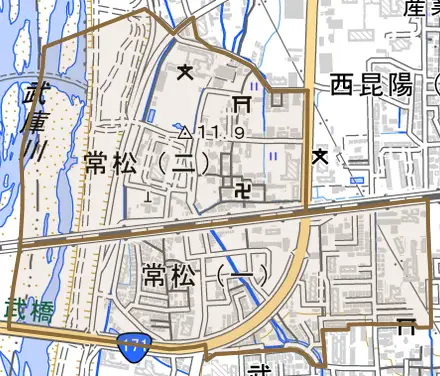 常松とその周辺の地図。町の範囲を重ねている