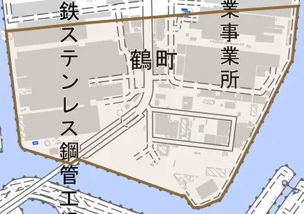 鶴町とその周辺の地図。町の範囲を重ねている