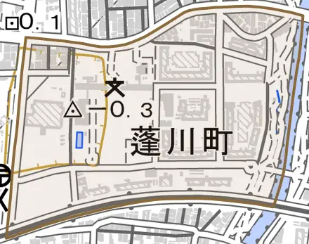 蓬川町とその周辺の地図。町の範囲を重ねている