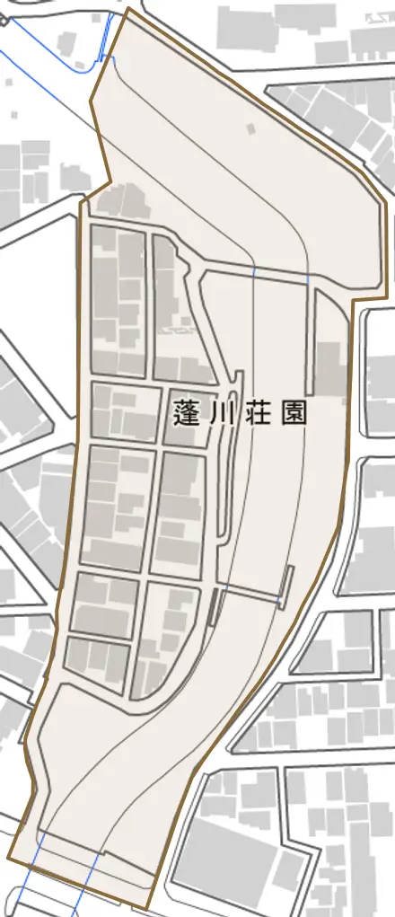 蓬川荘園とその周辺の地図。町の範囲を重ねている