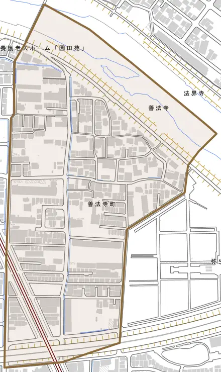 善法寺町とその周辺の地図。町の範囲を重ねている