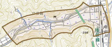 羽渕とその周辺の地図。町の範囲を重ねている