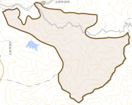 生野町猪野々とその周辺の地図。町の範囲を重ねている