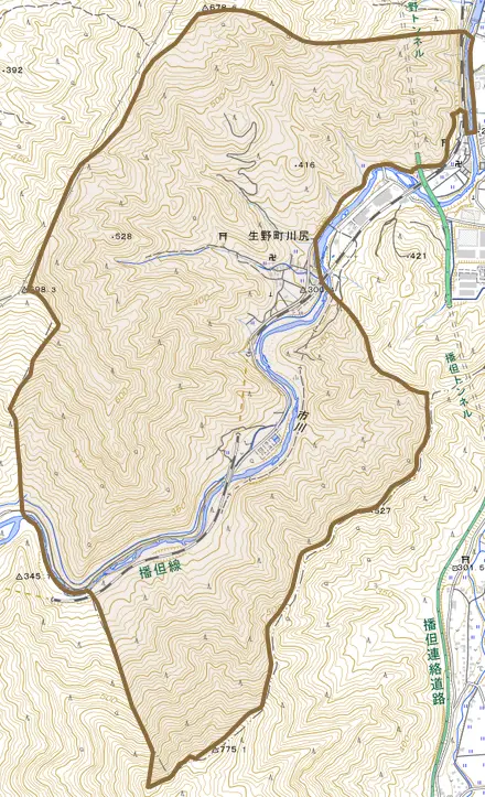 生野町川尻とその周辺の地図。町の範囲を重ねている