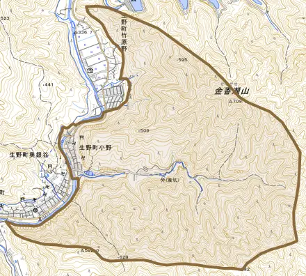 生野町小野とその周辺の地図。町の範囲を重ねている