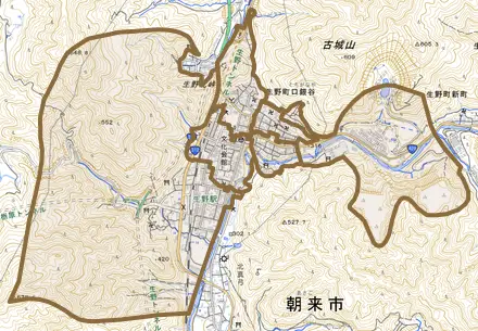 生野町口銀谷とその周辺の地図。町の範囲を重ねている