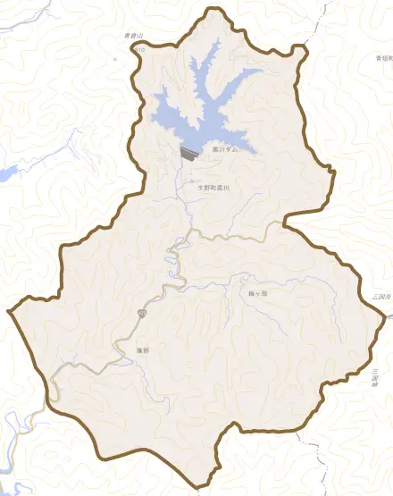 生野町黒川とその周辺の地図。町の範囲を重ねている