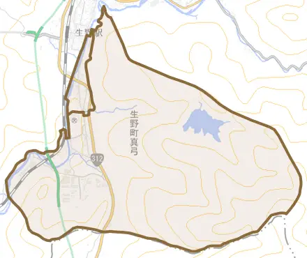 生野町真弓とその周辺の地図。町の範囲を重ねている