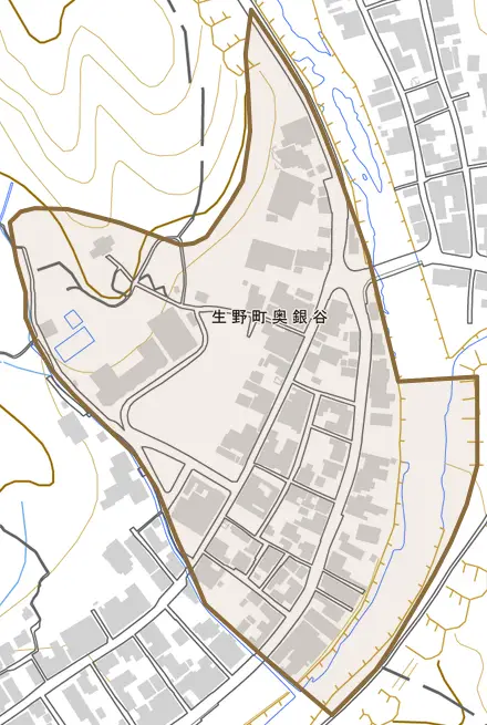 生野町奥銀谷とその周辺の地図。町の範囲を重ねている
