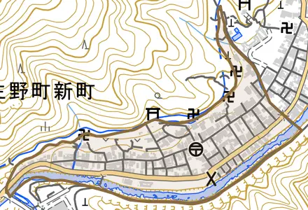 生野町新町とその周辺の地図。町の範囲を重ねている