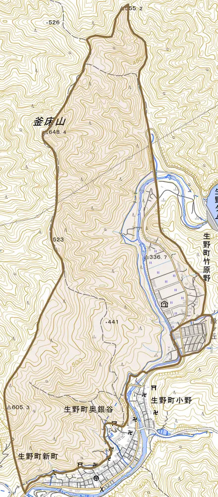 生野町竹原野とその周辺の地図。町の範囲を重ねている