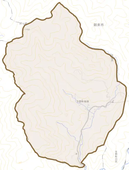 生野町栃原とその周辺の地図。町の範囲を重ねている