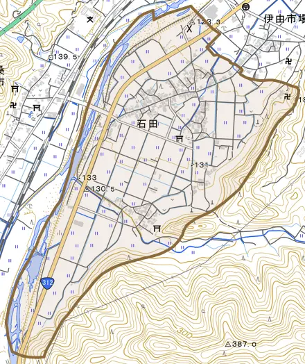 石田とその周辺の地図。町の範囲を重ねている