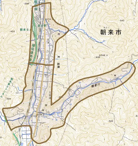 岩津とその周辺の地図。町の範囲を重ねている