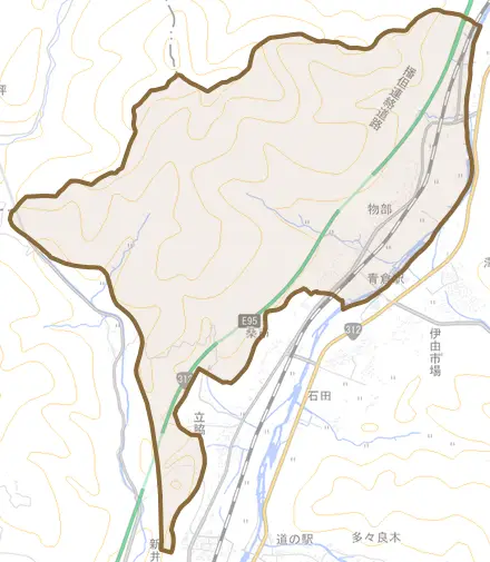 物部とその周辺の地図。町の範囲を重ねている