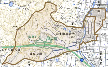 山東町楽音寺とその周辺の地図。町の範囲を重ねている