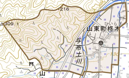 山東町柊木とその周辺の地図。町の範囲を重ねている
