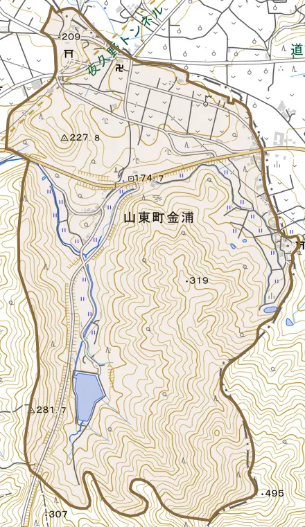 山東町金浦とその周辺の地図。町の範囲を重ねている