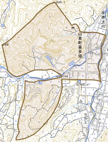 山東町喜多垣とその周辺の地図。町の範囲を重ねている