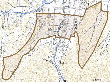 山東町森とその周辺の地図。町の範囲を重ねている