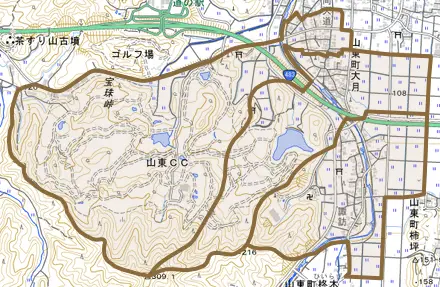山東町大月とその周辺の地図。町の範囲を重ねている