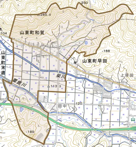山東町和賀とその周辺の地図。町の範囲を重ねている