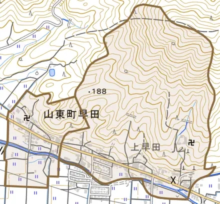 山東町早田とその周辺の地図。町の範囲を重ねている