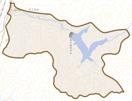 多々良木とその周辺の地図。町の範囲を重ねている