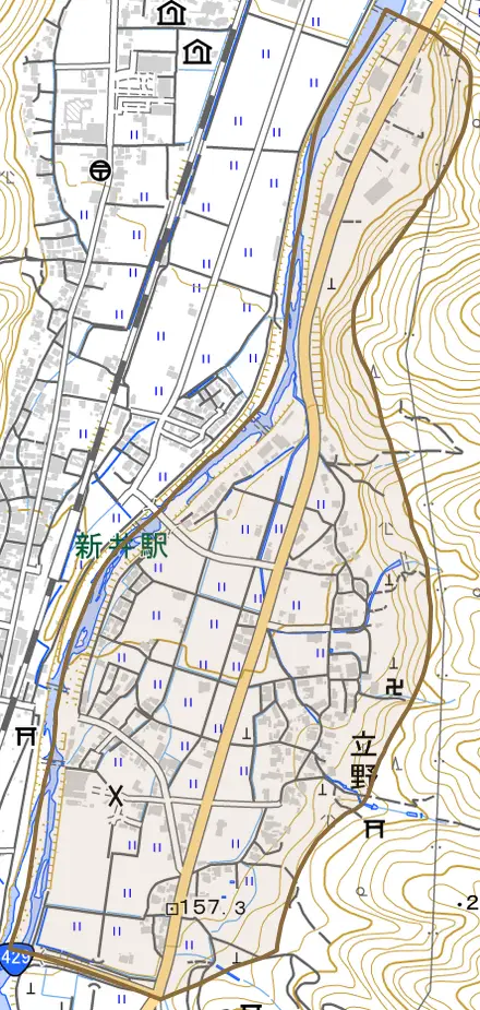 立野とその周辺の地図。町の範囲を重ねている