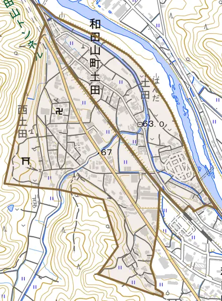 和田山町土田とその周辺の地図。町の範囲を重ねている