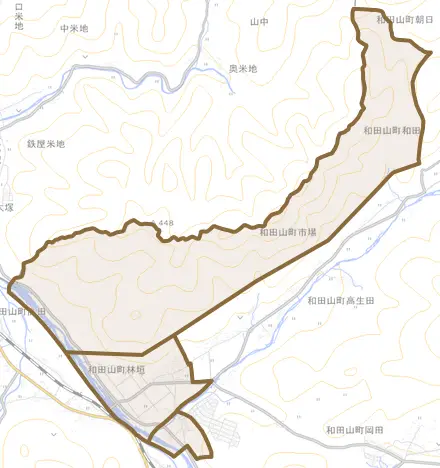 和田山町林垣とその周辺の地図。町の範囲を重ねている