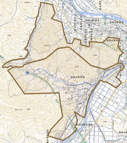 和田山町枚田とその周辺の地図。町の範囲を重ねている