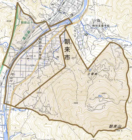 和田山町久世田とその周辺の地図。町の範囲を重ねている